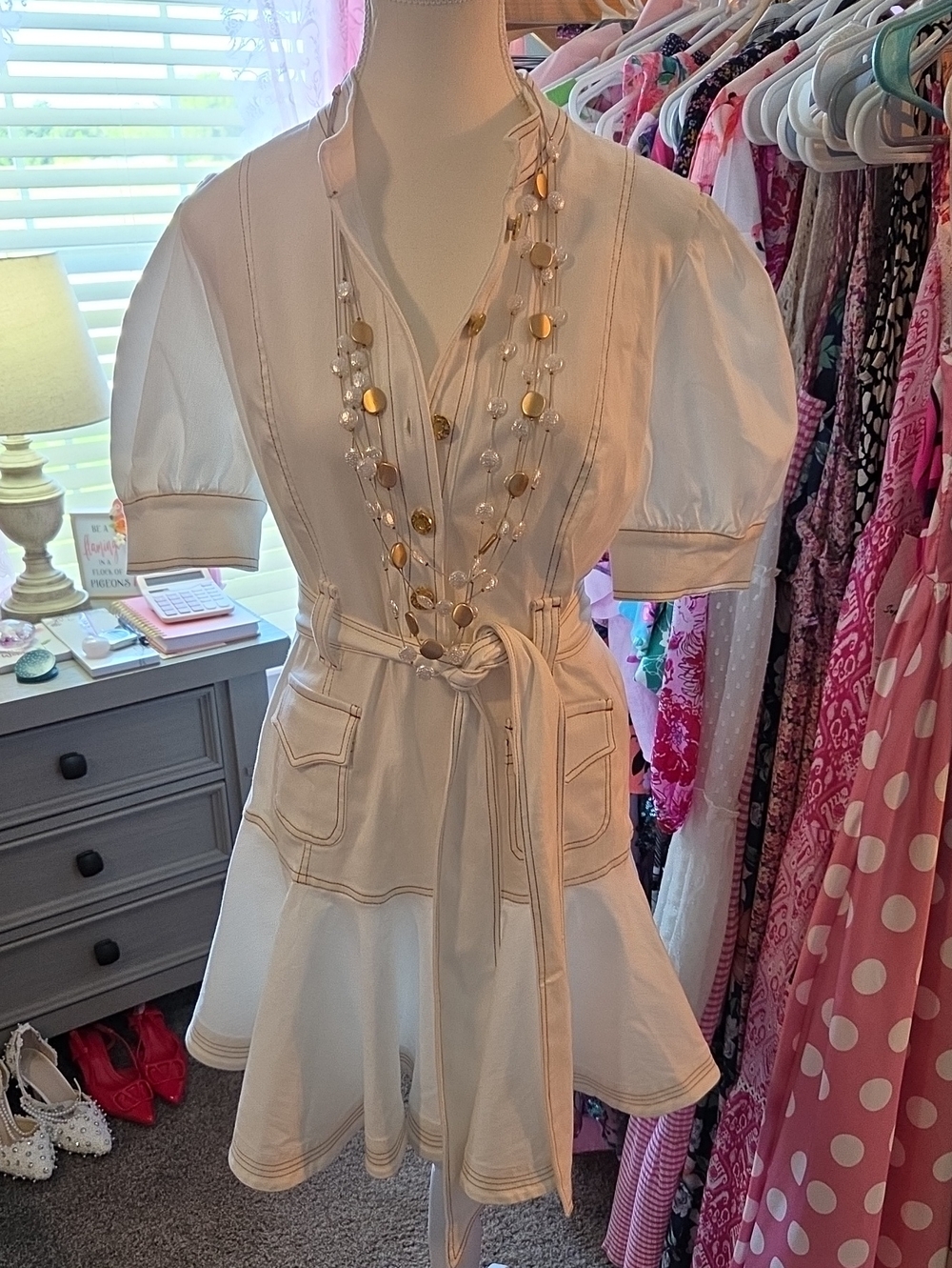 White Tie-Waist Mini Dress with Puff Sleeves and Pocket Detail